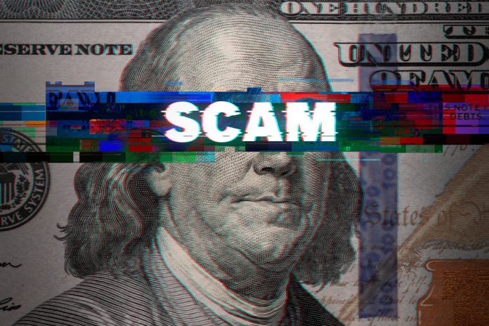 shutterstock_1919690516.jpg featured image Dollar bill glitch effect with scam text overlay