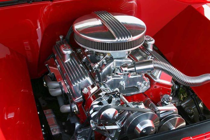 shutterstock_4607557.jpg Close up of a shiny chrome engine inside a red car
