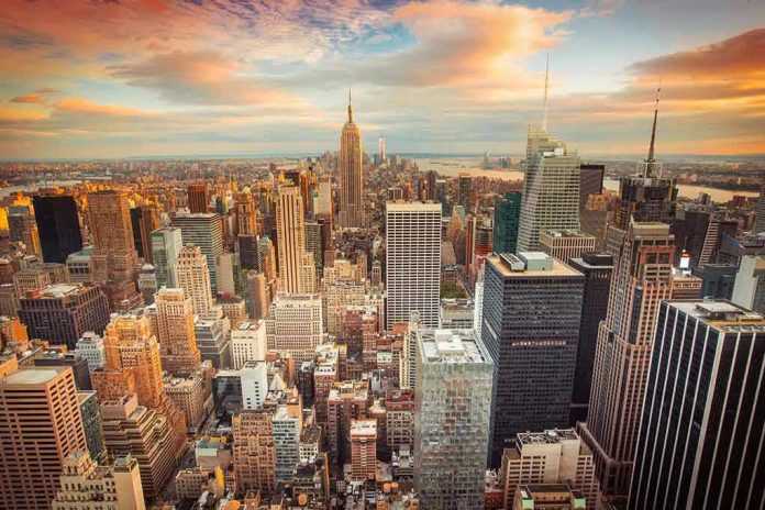 199319276 New York City skyline at sunset with tall buildings