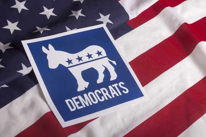 305852246 Democratic Party symbol on American flag background