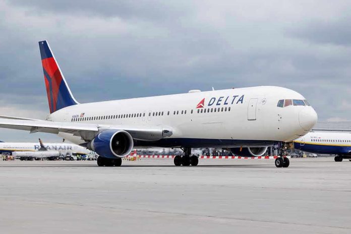 2305553471 Delta Airlines airplane on airport runway, cloudy sky.