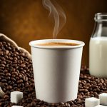 Cup of coffee surrounded by beans and sugar cubes
