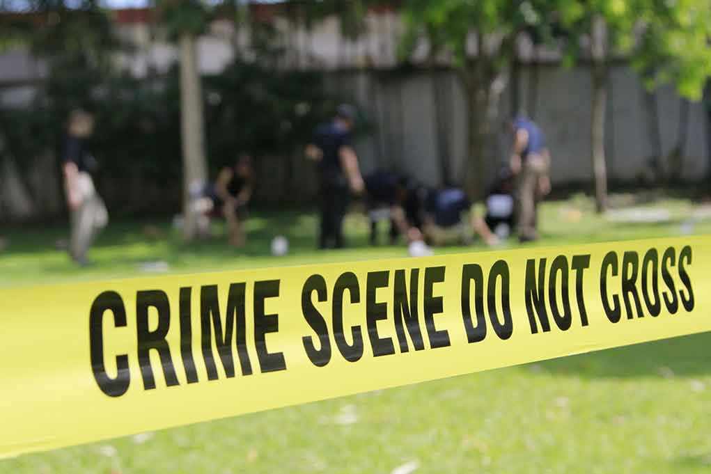 308657879 Yellow crime scene tape blocking grassy area.