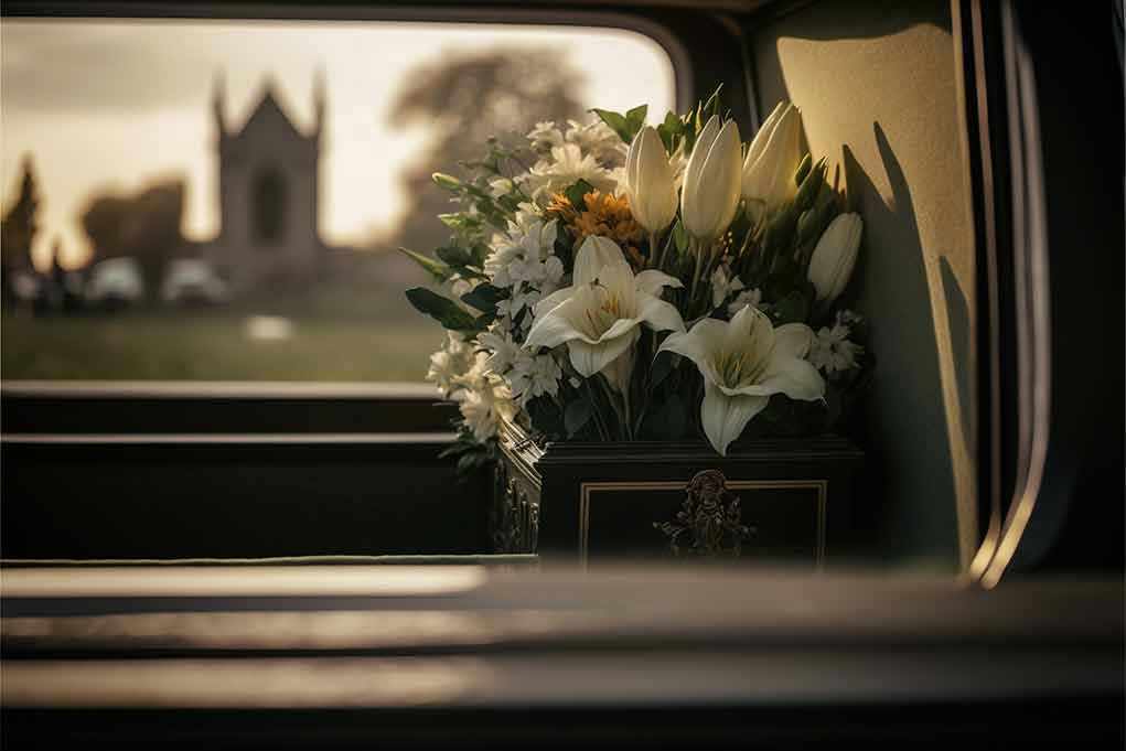 2233487901 White flowers in a car with blurred background.