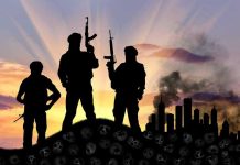 Jihad Photo Shakes NYC Mayor Race – Radical Ties! Three armed silhouettes near a smoky city skyline.
