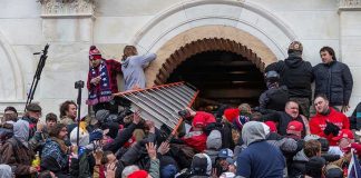 Large crowd storming the entrance of a building.