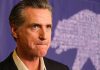 Celeb Icon TURNS on Newsom – Completely Destroys Him Man in suit, solemn expression, purple background with bear drawing.