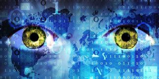 Abstract image featuring human eyes overlaid with binary code and a world map