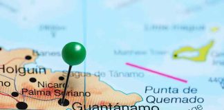 Map with pin on Guantánamo, Cuba.
