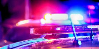 Police car lights flashing at night.