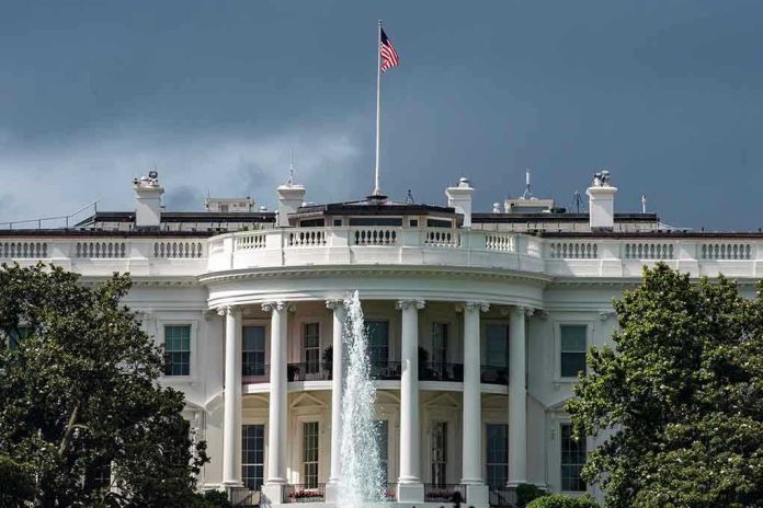 449346421 White House with American flag and fountain, stormy sky.