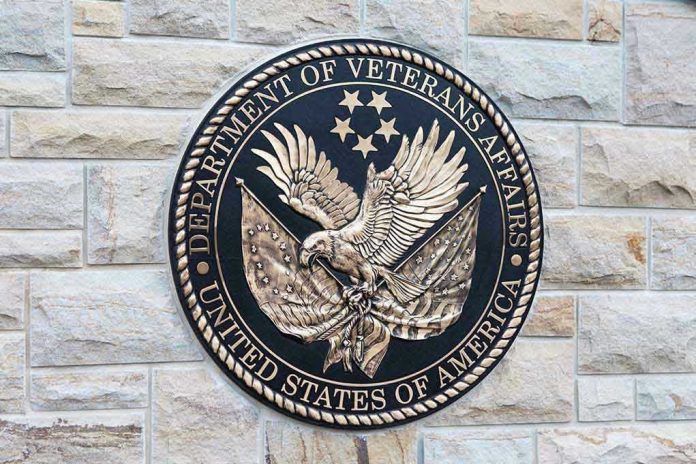 195060362 Department of Veterans Affairs seal on brick wall.
