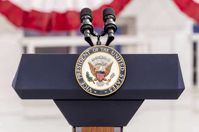 638168197 Vice Presidential podium with microphones and emblem.