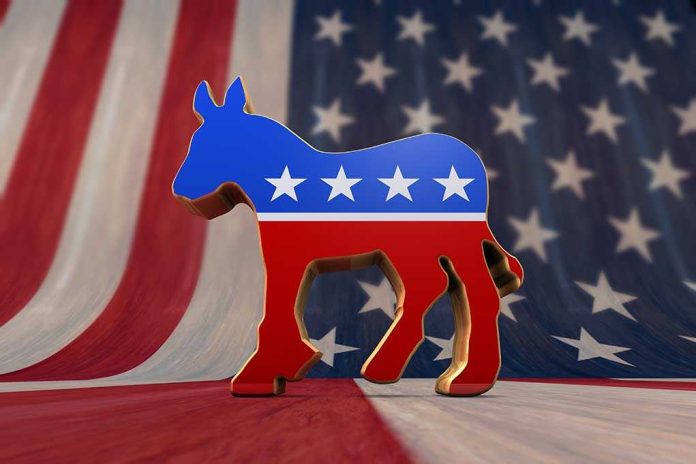 shutterstock_114868474 A donkey symbol representing the Democratic Party in front of an American flag background