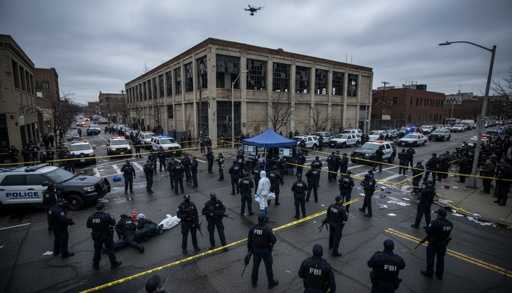 shutterstock_2755603873 Police officers and FBI agents at a crime scene with a drone overhead