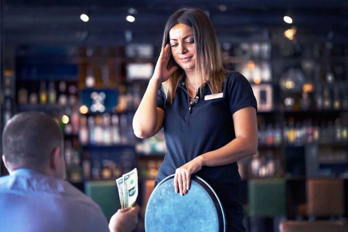 Person receiving money from customer in a bar