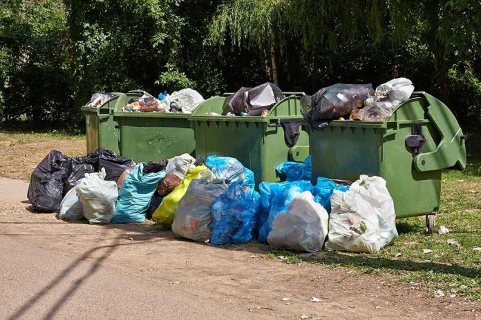 272587109 Overflowing garbage bins with bags on the ground.