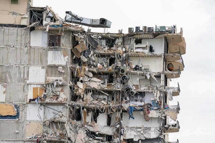 shutterstock_1996561043 Partially collapsed apartment building with exposed rooms and debris