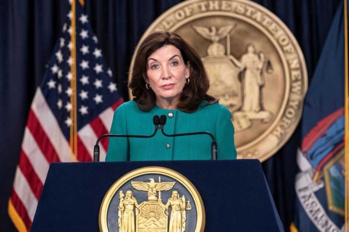 shutterstock_2104601060 Kathy Hochul speaks at podium with New York State emblem.