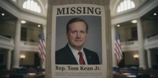 Missing Congressman RETURNS – Gone For 4 Months! Missing person poster of Rep. Tom Kean Jr. displayed in a government building
