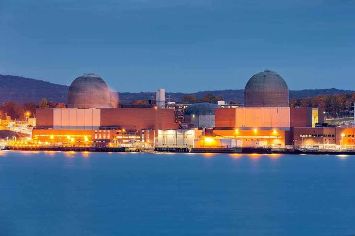shutterstock_334593377 nuclear power plant with two domed reactor buildings by water at dusk