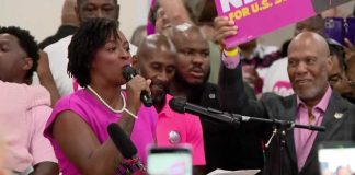 Angie Nixon speaks to supports after winning Democratic primary nomination to Florida US Senate seat
