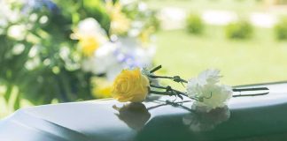 Yellow rose and white carnation on a green casket