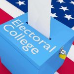Blue ballot box with paper slot on U.S. flag background
