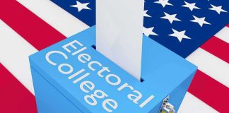 Blue ballot box with paper slot on U.S. flag background