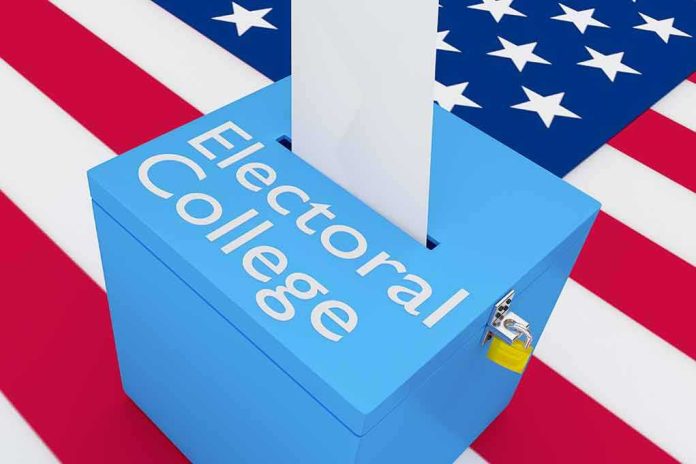 Blue ballot box with paper slot on U.S. flag background