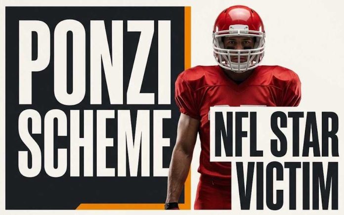Experimental-AI American football player in red uniform beside bold text panels