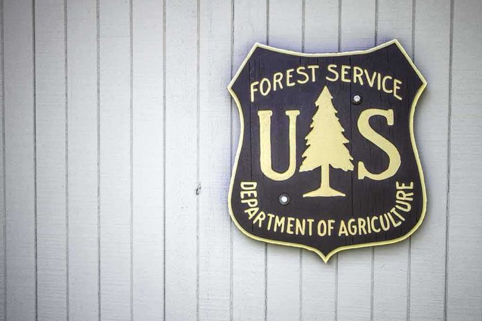 US Forest Service shield sign on a gray wooden wall
