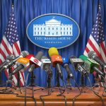 Trump Awards 3 Medals Of Honor In Heartfelt Ceremony Press microphones at a White House briefing podium