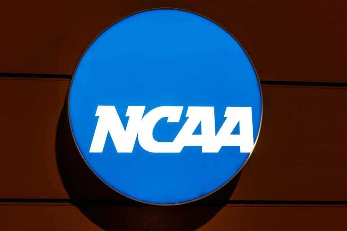 NCAA logo on a blue circular sign