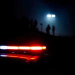 Police car lights at night with silhouettes in the distance