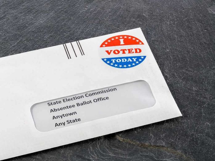 Absentee ballot envelope with I Voted sticker on dark surface