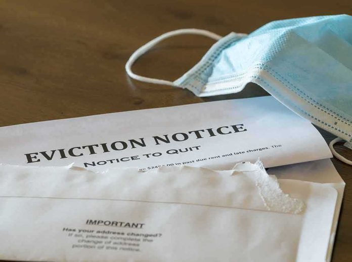 shutterstock_1772208584 Eviction notice and torn envelope beside blue surgical masks