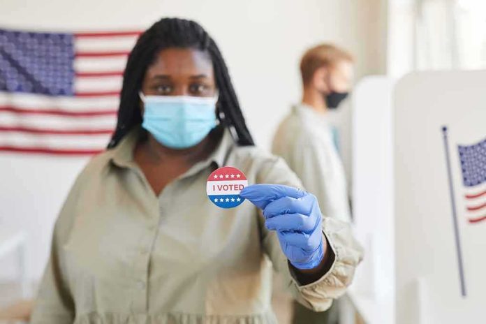 Voter wearing a mask holds an I Voted sticker at a polling place