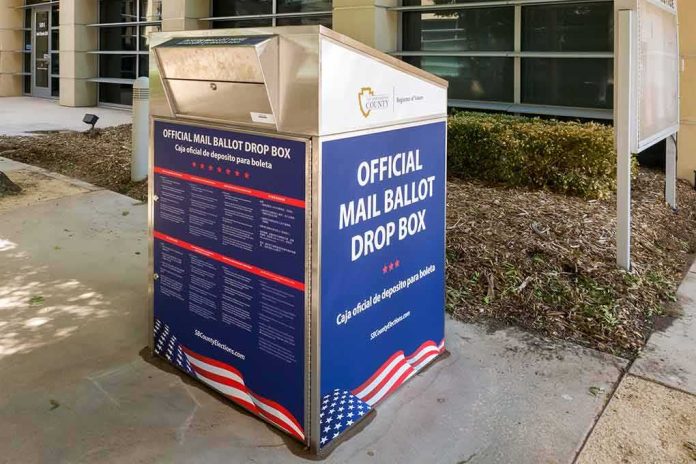 shutterstock_1831414888 Official mail ballot drop box outside a public building