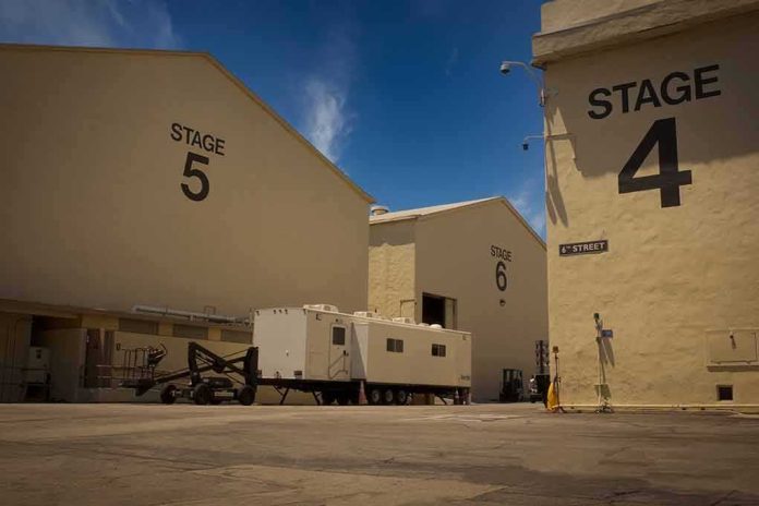 Film studio stages with numbered buildings and trailer