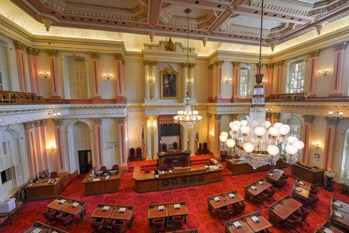 Legislative chamber with red carpet and chandeliers
