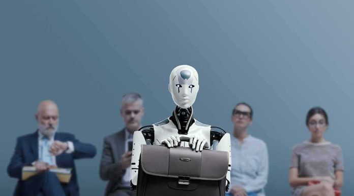 shutterstock_2268772859 Jan-Peter Nikiferow seated with a humanoid robot holding a briefcase in front