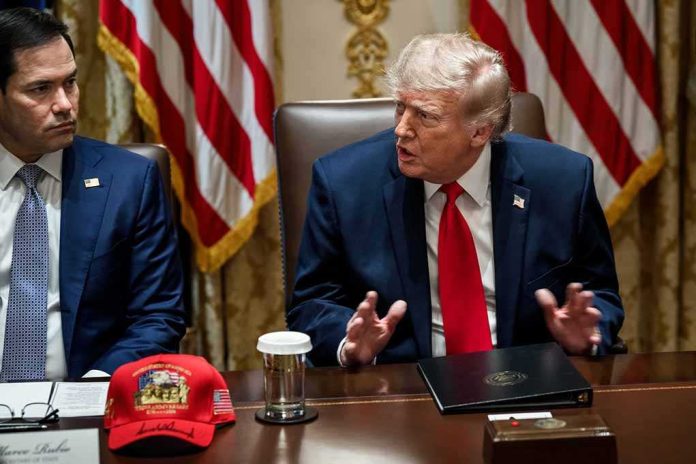 shutterstock_2798491437 Donald Trump speaks at a meeting beside Marco Rubio at a conference table