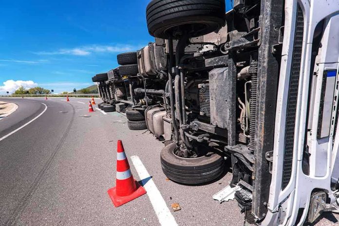 Overturned truck on highway with traffic cones