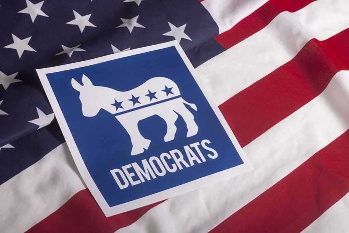 shutterstock_305852246 Democratic Party donkey symbol on American flag