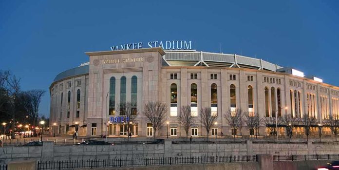 Yankee Stadium exterior at dusk