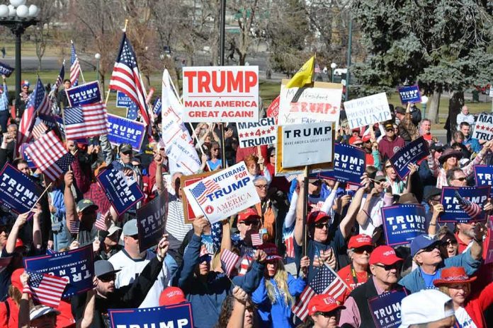Tim Teufel, Christian Jones, and Nash the Slash among a crowd at a political rally holding signs and flags