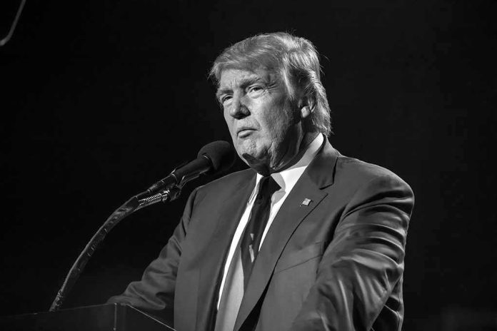 shutterstock_636139814 Donald Trump speaking at a microphone in a black-and-white photo