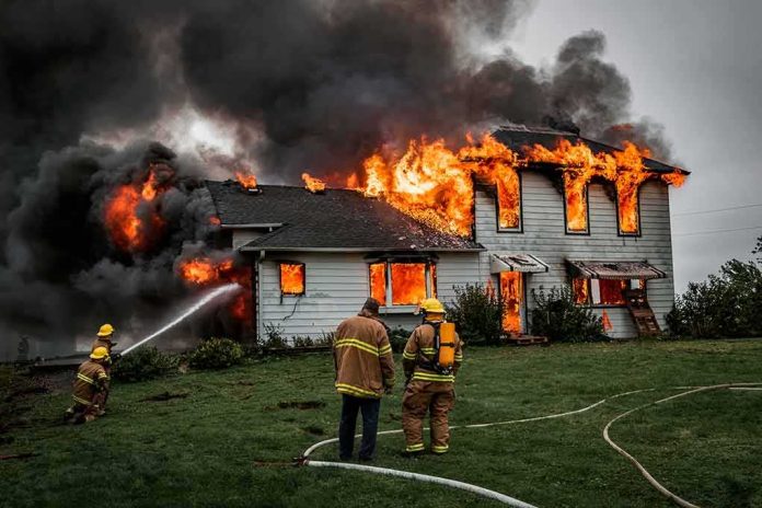 Firefighters battling a house engulfed in flames