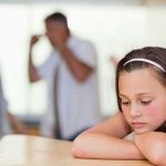 Sad girl resting her head on arms with blurred adults arguing in background